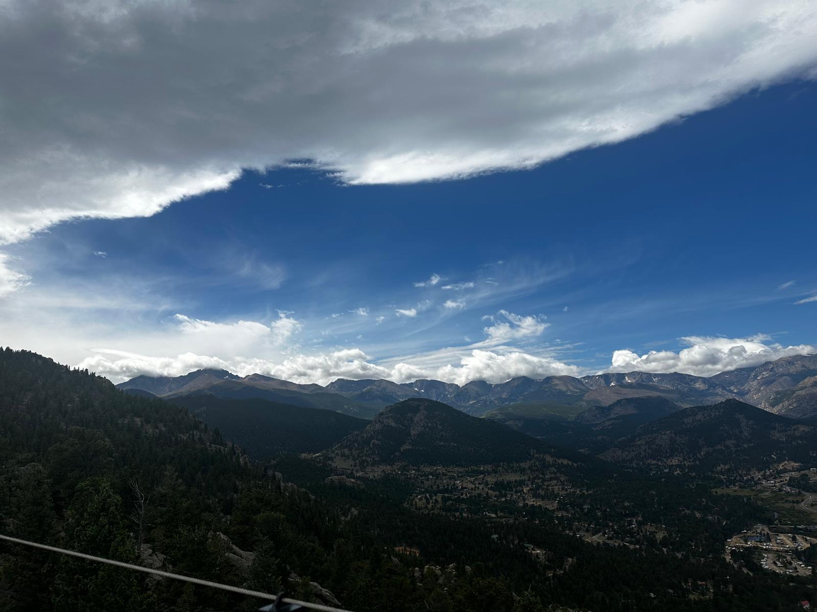 Panoramic mountain and Estes Park valley view beneath dramatic clouds