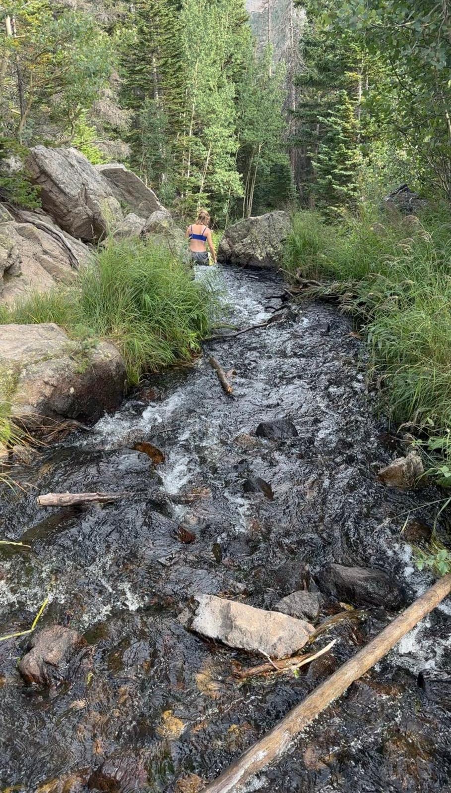 Traveller stepping through a rocky mountain creek in the forest