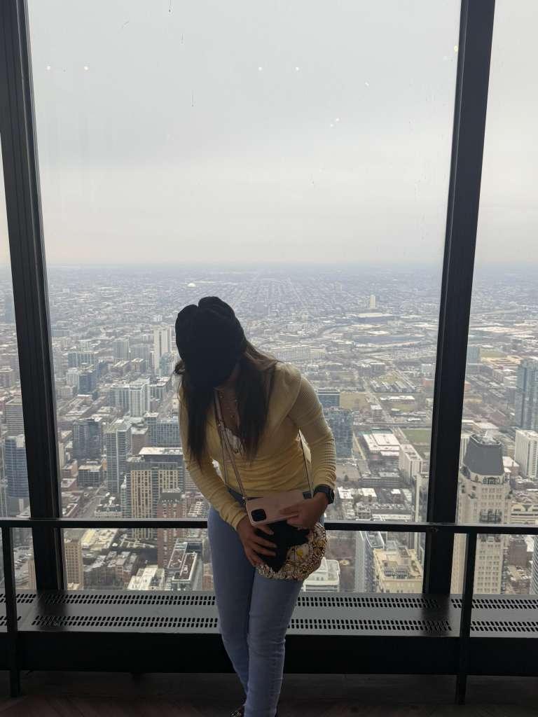 Traveller standing beside a floor-to-ceiling Chicago skyline window