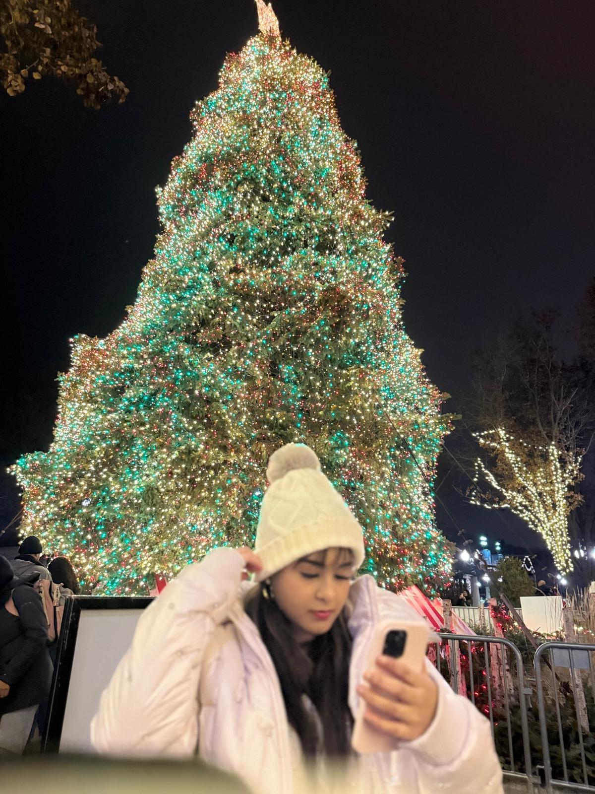 Traveller beside a large illuminated Christmas tree