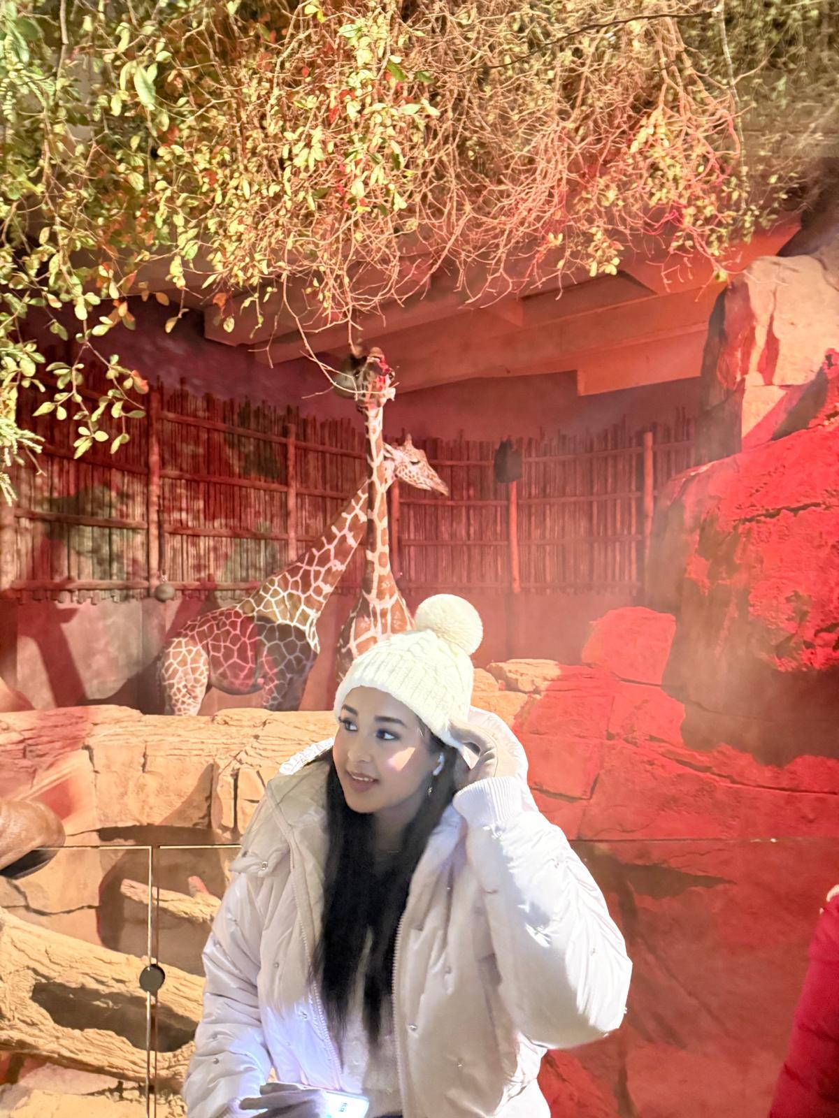 Traveller inside a red-rock indoor wildlife habitat