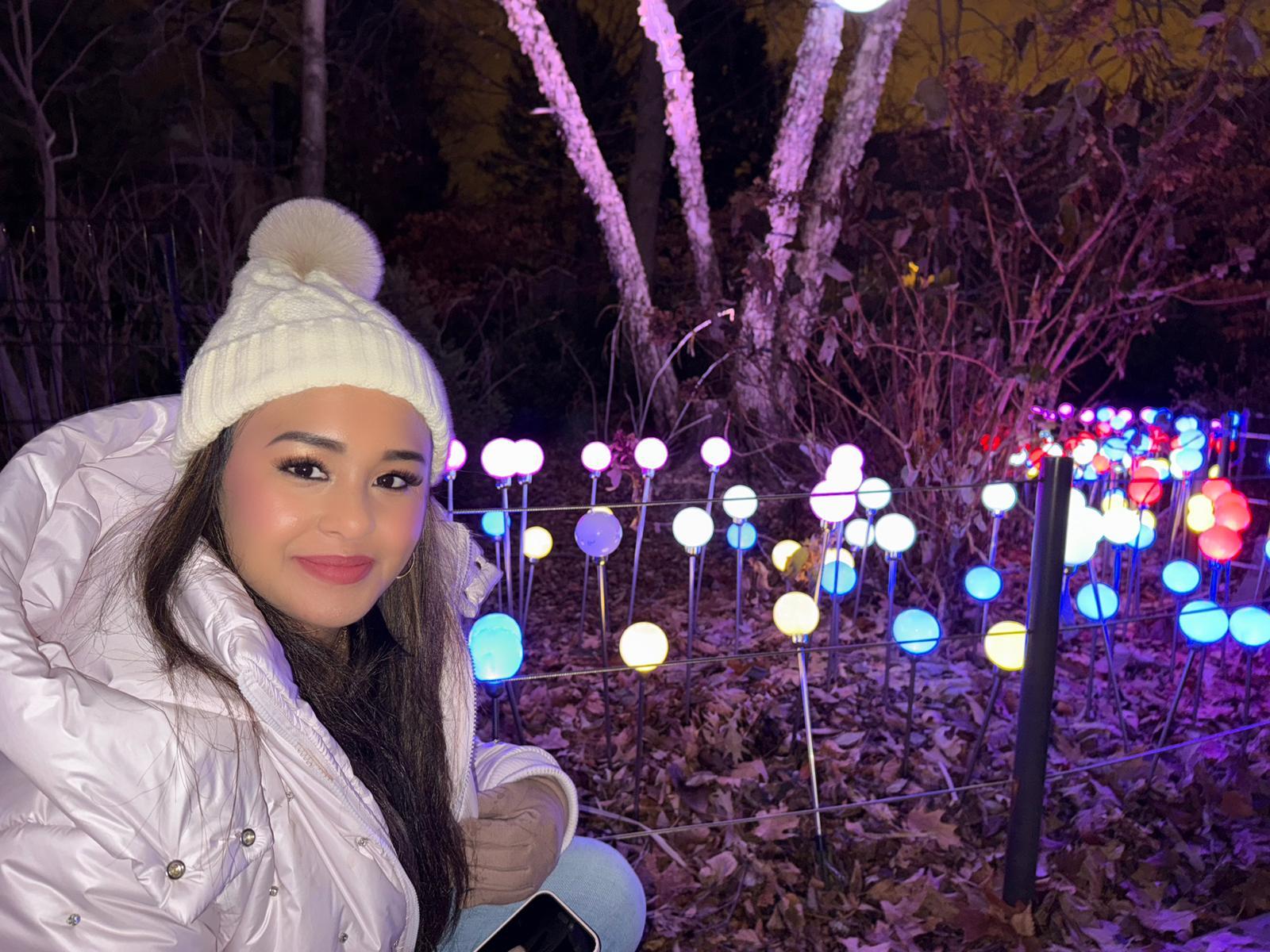 Traveller surrounded by colorful glowing orbs and illuminated trees