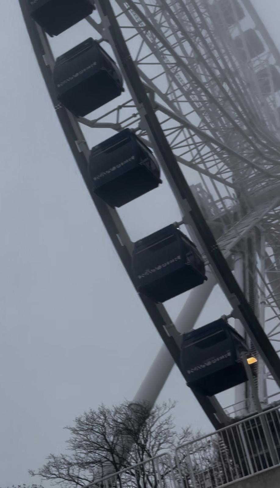 Close view of Navy Pier Centennial Wheel gondolas in the mist