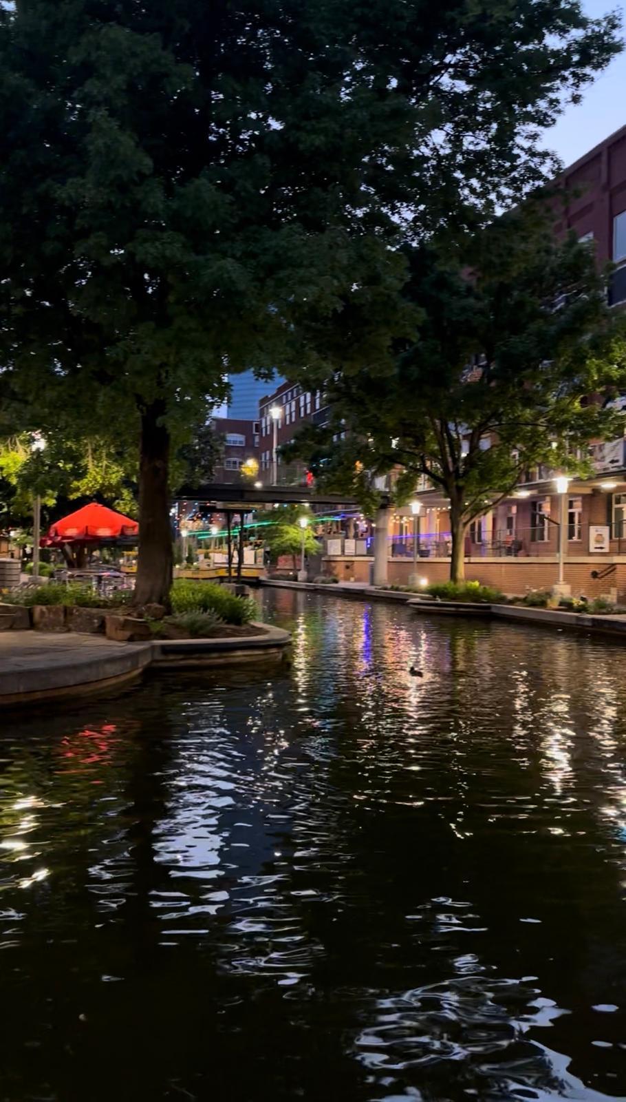 Bricktown Canal restaurants and lights reflected on the water