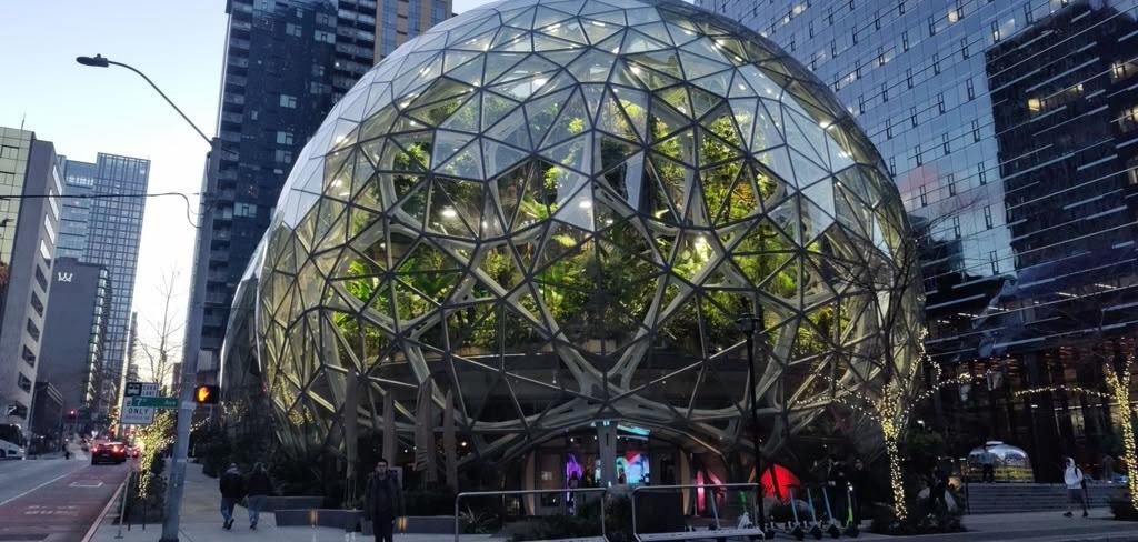 Amazon Spheres illuminated in downtown Seattle