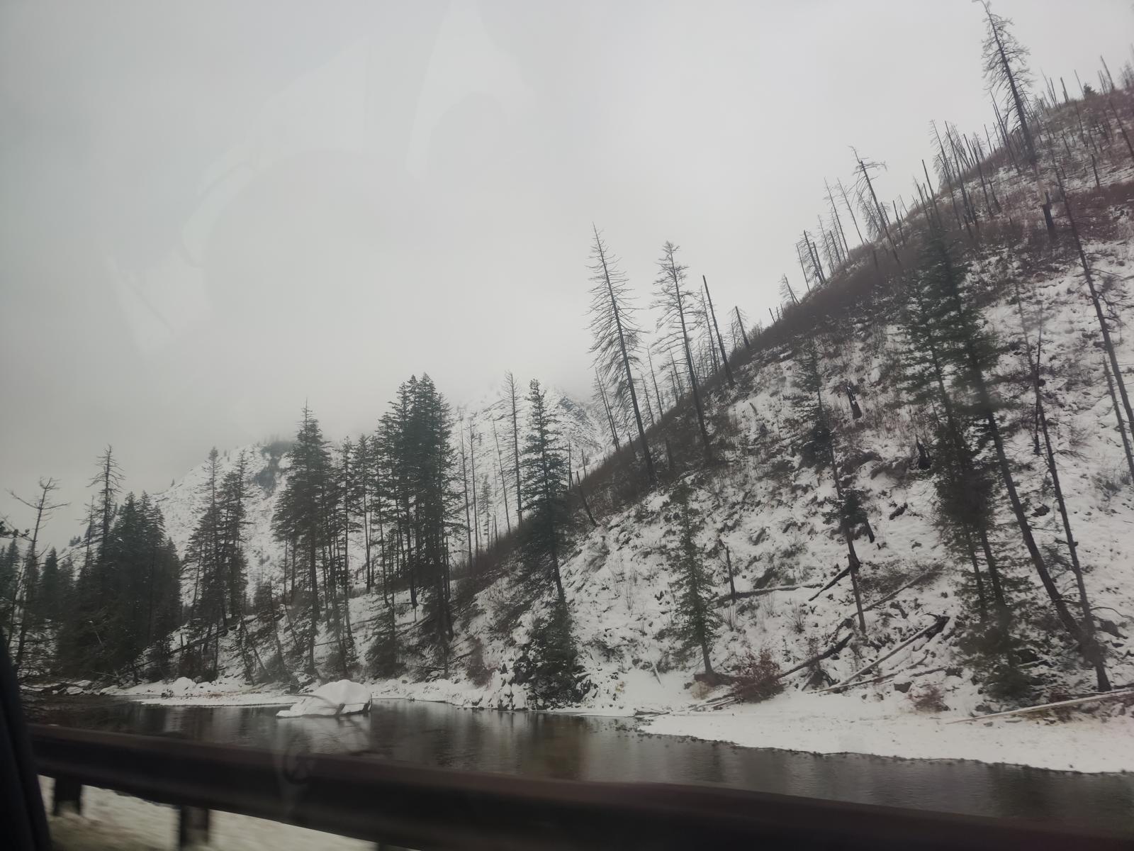 Snowy river and forest viewed from a moving vehicle