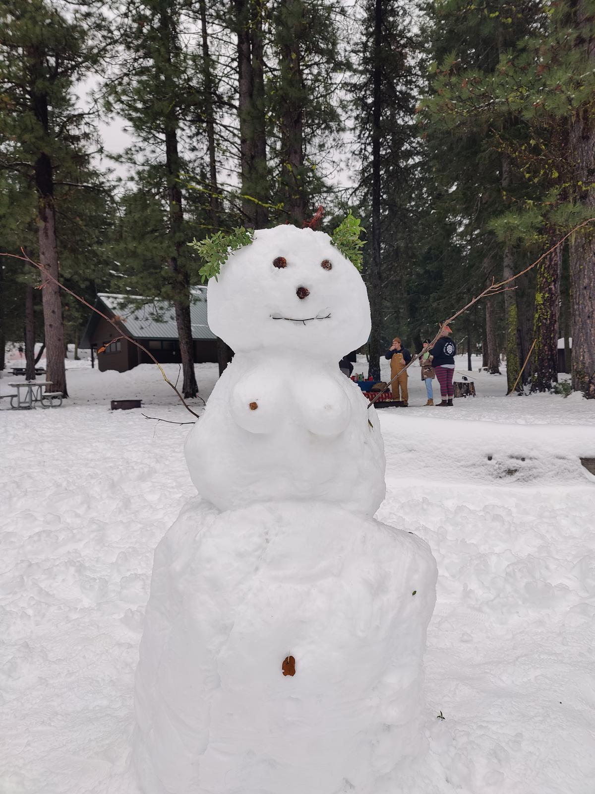 Handmade snowman standing among tall evergreen trees